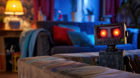 An imaginative robot toy sits in a cozy living room illuminated by soft, warm lights and colorful cushions, creating a charming and playful atmosphere.の素材