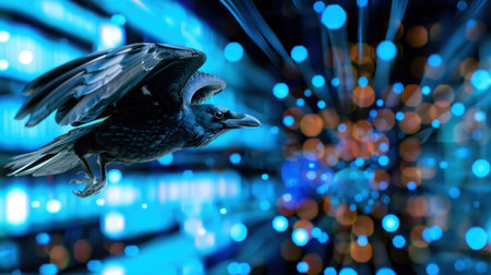 A captivating black bird, resembling a raven, soars through a vibrant digital landscape filled with glowing blue and orange lights. The image blends wildlife and technology, evoking a sense of freedom and creativity.の素材