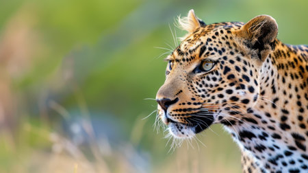 This striking image captures a close-up profile of a leopard in its natural habitat, highlighting its enchanting fur patterns and intense gaze.の素材