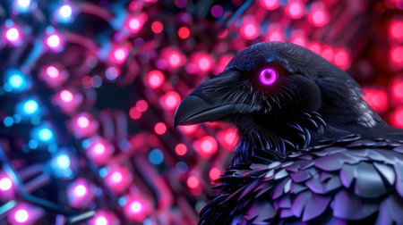 Stunning close-up of a futuristic black bird with vibrant neon eyes, showcasing intricate feather details set against a backdrop of colorful circuit patterns.の素材