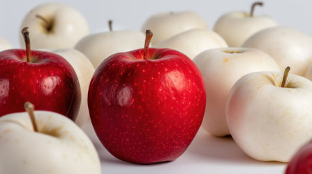 This captivating image features a vibrant red apple centrally positioned among a group of white apples, highlighting the beauty of fruit diversity. The clean background enhances the striking color contrast, representing freshness and health.の素材
