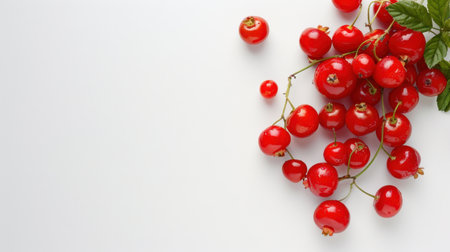 A delightful assortment of fresh red cherry tomatoes grouped together on a clean white surface, perfect for culinary projects or healthy food inspiration.の素材