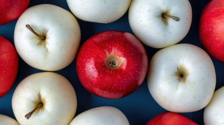 A visually striking arrangement of fresh red and white apples on a vibrant background, ideal for promoting healthy eating, nutrition, and culinary creativity.の素材