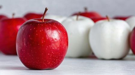 A vibrant red apple stands prominently against a backdrop of white apples, showcasing contrast and simplicity. The soft lighting enhances its freshness.の素材