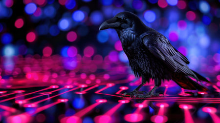 A mystical raven stands prominently on a bright neon circuit design, surrounded by a colorful bokeh effect that enhances its ethereal presence.の素材