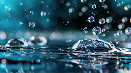 This captivating image features close-up water droplets creating ripples and bubbles on a calming blue surface, evoking tranquility and freshness.の素材