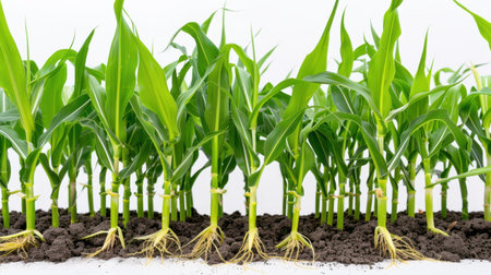 A vibrant display of young corn plants thriving in rich soil, showcasing healthy roots and lush green leaves under bright light. Perfect for agricultural themes.の素材