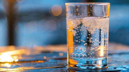 A stunning close-up of a clear glass filled with sparkling water, capturing the vibrant bubbles against a softly lit background, perfect for relaxation.の素材