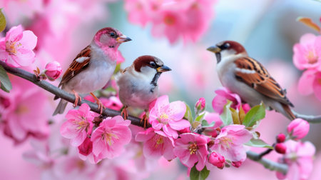 A serene scene featuring colorful birds perched on a branch adorned with blooming cherry blossoms. This vibrant springtime photograph captures the essence of nature's beauty and tranquility, showcasing delicate pink petals and the lively activity of avian life.の素材