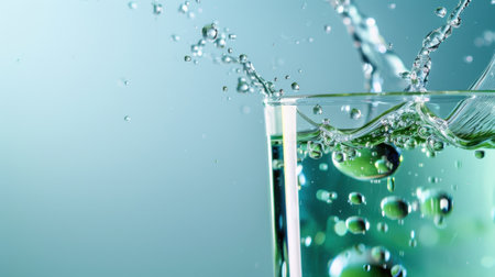 A stunning close-up of a glass filled with water, capturing the dynamic moment of water splashing with bubbles. The soft blue background enhances the freshness and purity of the liquid, making it perfect for themes around hydration and clarity.の素材