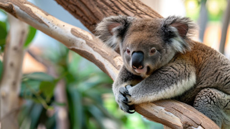A charming koala is seen resting on a tree branch, showcasing its soft fur and gentle expression. This peaceful scene highlights the beauty of wildlife.の素材