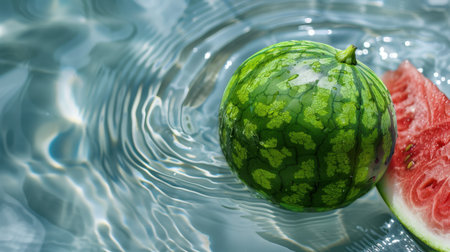 A vibrant watermelon floats serenely on a water surface, surrounded by gentle ripples. A juicy slice rests beside it, capturing the essence of summer.の素材
