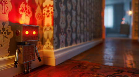 A charming vintage toy robot stands in a warmly lit hallway, surrounded by retro decor. Its playful design and soft glow create a nostalgic and cozy atmosphere, inviting imagination.の素材