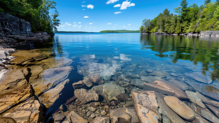 Experience the tranquility of a pristine lake with clear blue waters and rocky shoreline. This stunning natural landscape captures the beauty of summer.の素材