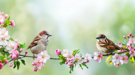 Two charming sparrows are perched on a branch adorned with lovely pink blossoms, creating a serene and picturesque scene in soft natural light.の素材