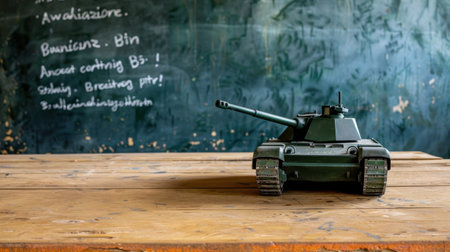 A detailed model tank rests on a rustic wooden table, surrounded by a textured chalkboard. Perfect for educational themes, childhood play, or artistic concepts.の素材