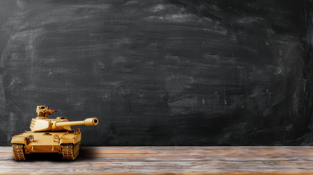 A realistic model tank displayed on a wooden table against a black chalkboard background, ideal for educational purposes and military-themed projects.の素材