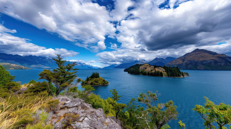 This breathtaking landscape captures the beauty of a serene lake adorned with islands, framed by majestic mountains under a dynamic sky. Ideal for nature aficionados.の素材