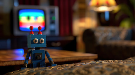 A charming vintage living space featuring a retro robot toy in front of a classic television displaying colorful patterns, evoking feelings of nostalgia.の素材