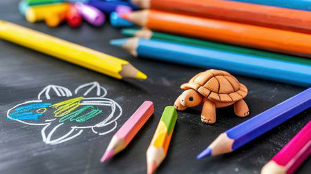 A vibrant composition showcasing a turtle figurine beside colorful pencils on a chalkboard, featuring a hand-drawn fish. Ideal for art and creativity themes.の素材