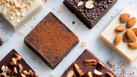 This high-quality image showcases a variety of gourmet chocolate bars adorned with nuts and sprinkles, creating an enticing display of flavors and textures.の素材