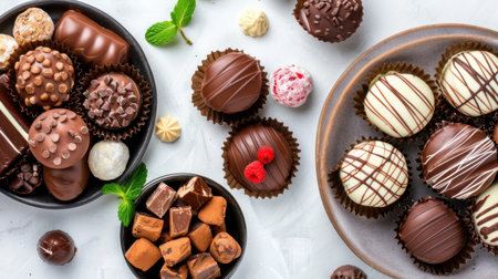 A stunning display of assorted chocolates and confections artfully arranged on white surface, enhanced by fresh mint leaves and berries, perfect for dessert lovers.の素材