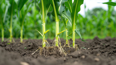 Close-up view of young corn plants showing strong roots in rich, dark soil, illustrating growth and sustainability in agriculture under bright daylight.の素材