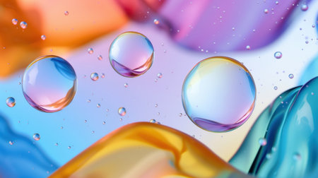 Colorful abstract design featuring vibrant bubbles floating on smooth fluid surfaces, creating a dreamy atmosphere with soft pastel shades.の素材