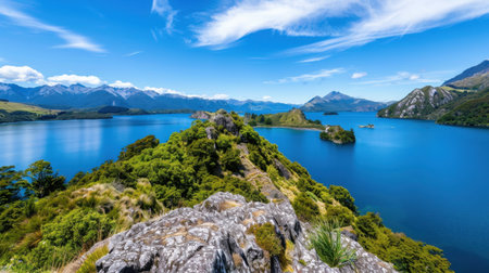 Breathtaking landscape featuring a tranquil lake with vibrant greenery, majestic mountains, and a clear blue sky, perfect for travel inspiration.の素材