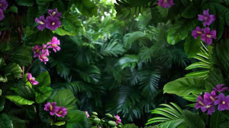 A captivating scene featuring vibrant purple flowers surrounded by lush green foliage, creating a serene and tropical atmosphere suitable for nature lovers.の素材