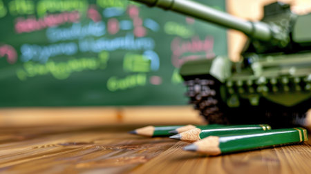 A detailed image of a military tank model placed on a wooden surface, surrounded by green pencils, with a colorful blackboard in the background, symbolizing creativity in learning.の素材