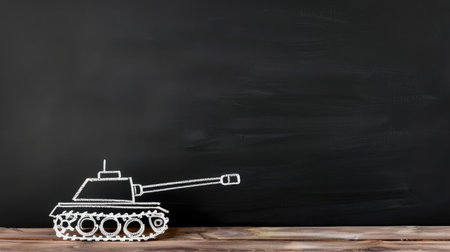 This image features a charming chalk drawing of a military tank on a black chalkboard, complemented by a rustic wooden surface, ideal for educational purposes.の素材