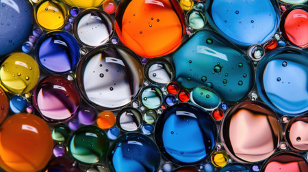 This mesmerizing image showcases a collection of colorful water droplets on a surface, creating stunning patterns and reflections. The vibrant hues conjure a sense of beauty and creativity.の素材