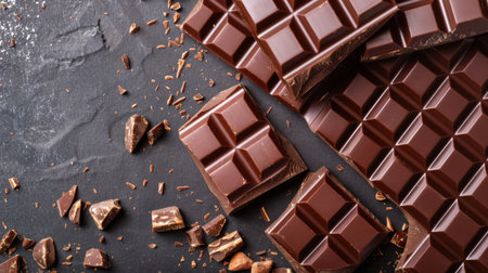 A visually enticing arrangement of dark chocolate bars and shavings on a dark slate background, showcasing the rich texture and indulgent nature of chocolate.の素材