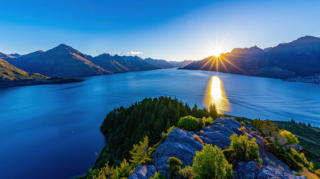 Experience the stunning view of a sunrise over a tranquil lake framed by majestic mountains in Queenstown, New Zealand, showcasing nature's beauty.の素材