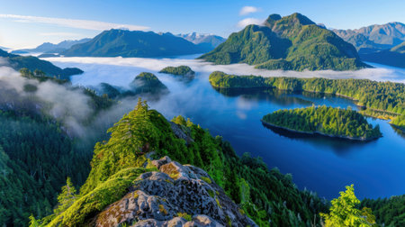 A breathtaking view of a mountain landscape showcasing a serene lake, lush greenery, and morning fog surrounding the area. Ideal for nature lovers.の素材