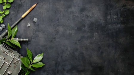 A sleek workspace scene featuring green leaves, stone pieces, and writing tools arranged thoughtfully on a dark table surface. Ideal for creative projects.の素材
