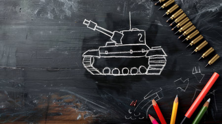 Creative hand-drawn tank illustration on a blackboard with colorful pencils and bullet casings. Perfect for educational or artistic themes.の素材