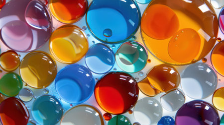 This image showcases an arrangement of colorful water droplets on a clear surface, highlighting vibrant hues and intricate reflections. The artistic composition creates a striking abstract visual, perfect for various creative projects.の素材