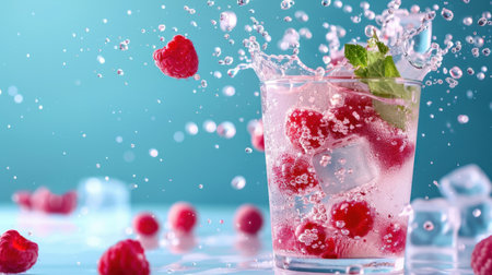 A vibrant and refreshing drink featuring raspberries and mint, captured mid-splash in a clear glass. Perfect for summer and celebrations.の素材
