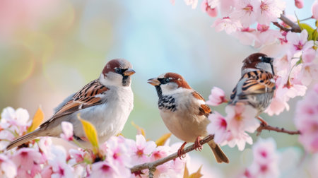 Three charming sparrows perched among delicate cherry blossoms create a serene spring scene. The soft light enhances the beauty of nature, offering a peaceful moment.の素材