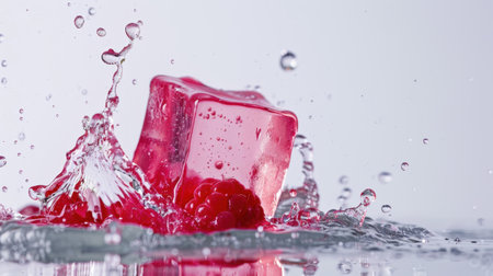 A vibrant splash of pink jelly combined with fresh raspberries creates an artistic display of water droplets, evoking a sense of fun and refreshment.の素材