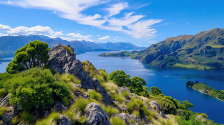 This breathtaking landscape showcases majestic mountains rising above a serene blue lake, surrounded by lush greenery and a clear sky. Perfect for nature lovers.の素材