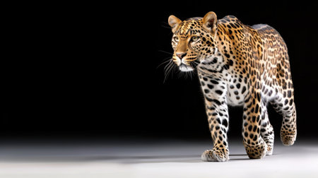 This stunning image captures a majestic leopard walking elegantly against a contrasting black background, showcasing its intricate spots and fierce beauty.の素材