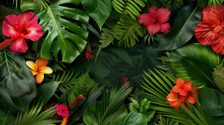 This vibrant tropical floral background features lush green leaves and colorful exotic flowers, ideal for nature-themed projects, designs, or decorations.の素材