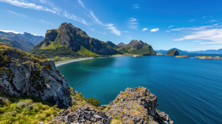 Experience the breathtaking beauty of a coastal landscape featuring turquoise waters, rugged mountains, and a clear blue sky, perfect for travelers and nature lovers.の素材