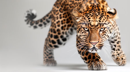 This stunning image captures a leopard in mid-prowl, showcasing its striking fur pattern and intense gaze. The neutral background allows focus on the animalの素材
