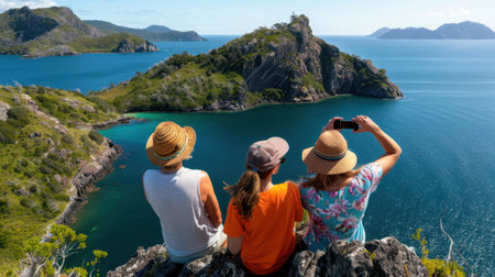 Three friends sitting on a rocky edge admire a breathtaking tropical landscape with a vibrant ocean and lush islands under a clear blue sky.の素材