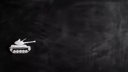 A detailed white model of a tank rests on a smooth black surface, ideal for military-themed creative projects or as a striking visual element in various designs.の素材