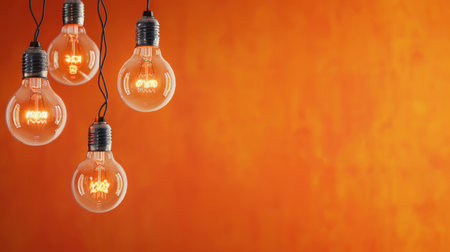 This striking image features vintage light bulbs hanging gracefully against a vibrant orange background, creating a warm and inviting atmosphere perfect for unique interior designs.の素材